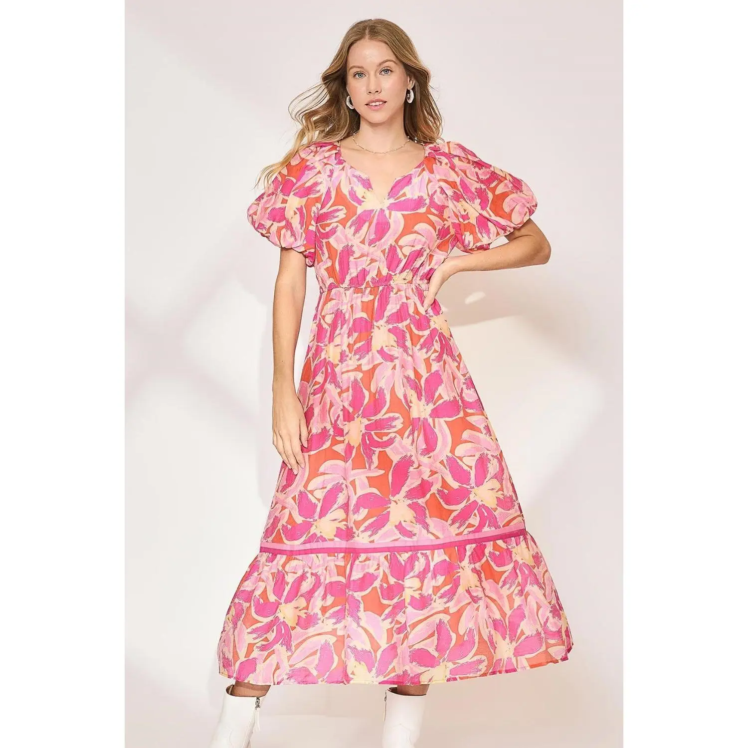 Umgee Floral Notched Puff Sleeve Midi Dress sorority rush outfit