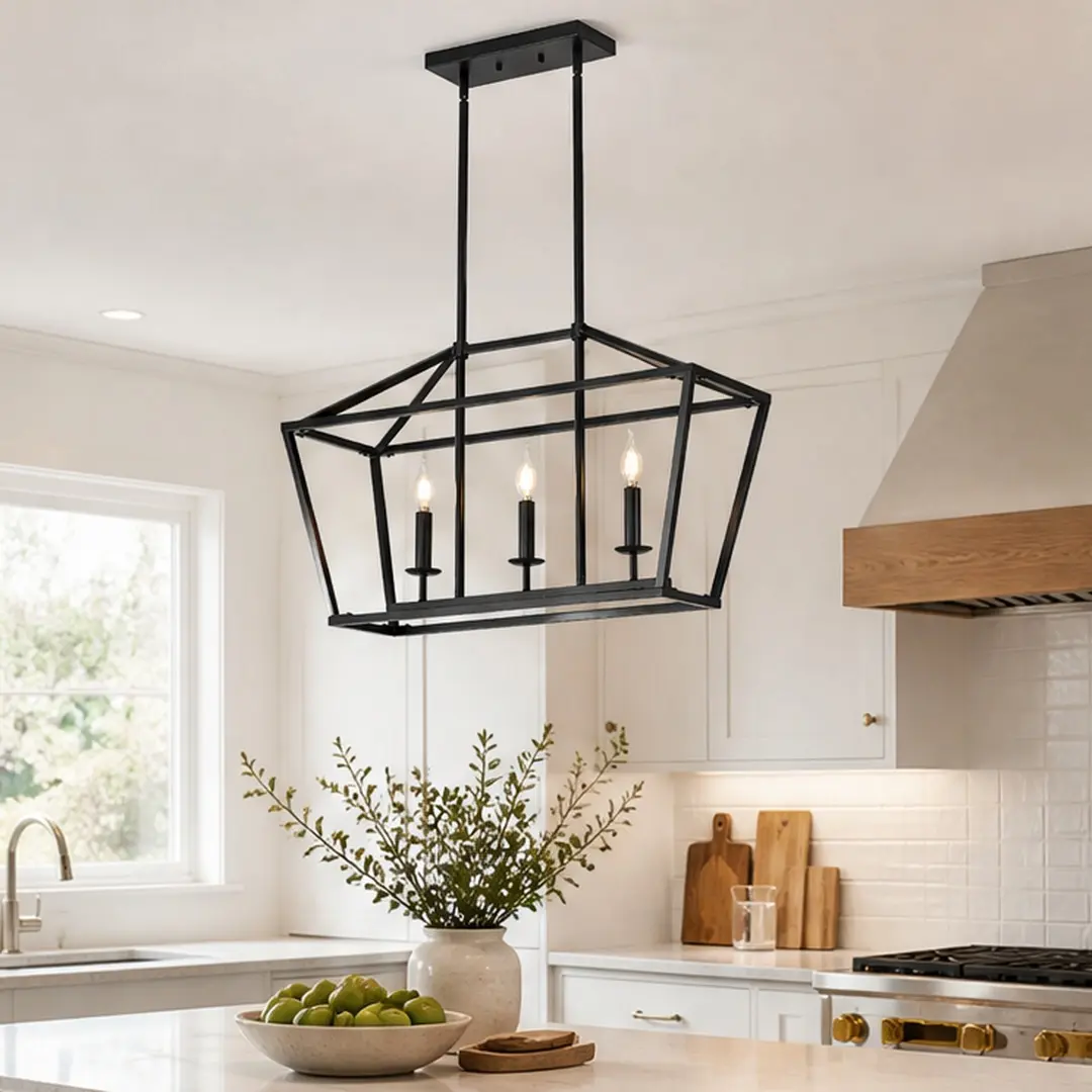 ARCH 3-Light Farmhouse Kitchen Island Pendant Light Fixture, 5-Light Industrial Linear Chandelier, Matte Black Metal Hanging Ceiling Light for Dining Room, Living Room, Bedroom, Hallway, Conference Room, Adjustable Height, E12 Base, 1000lm-5000lm