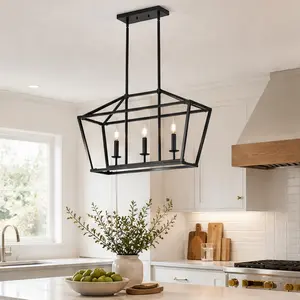 ARCH 3-Light Farmhouse Kitchen Island Pendant Light Fixture, 5-Light Industrial Linear Chandelier, Matte Black Metal Hanging Ceiling Light for Dining Room, Living Room, Bedroom, Hallway, Conference Room, Adjustable Height, E12 Base, 1000lm-5000lm