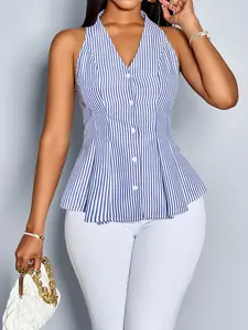 Women's Blue Striped Sleeveless Halter Neck Blouse, Casual Chic Spring & Fall Top, Button Front, Ruched Waist, Perfect for Daily Wear and Commuting