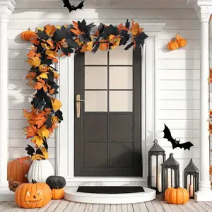 2 Halloween Wreaths - 5.74ft Gothic-style Maple Leaves and Pumpkin Vines with Spider Decorationg,Creating a Spooky Autumn and Fireplace Atmosphere, Party Decoration Supplies