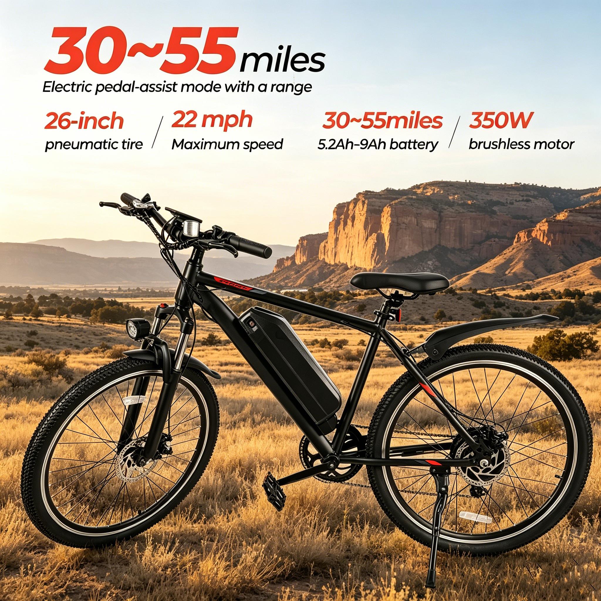 B High Performance Mountain E-Bike 350W Motor 26” Inflatable Tires 48V Battery 22MPH 20‑70 Miles PAS Dual Front & Rear Disc Brakes