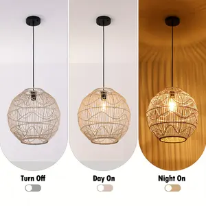 2024 110V-130V E26 Natural Bamboo Hanging Lamp - Rustic Rattan Shade Ceiling Light with Bulbless Design - Perfect for Kitchen Island, Dining Room, Living Room, and Porch Decor