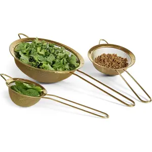 3pcs Strainer Set Fine Mesh – Premium 304 Stainless Steel (18/8) – 8″, 5.5″ and 3.3″ Sturdy Kitchen Strainers (Gold)