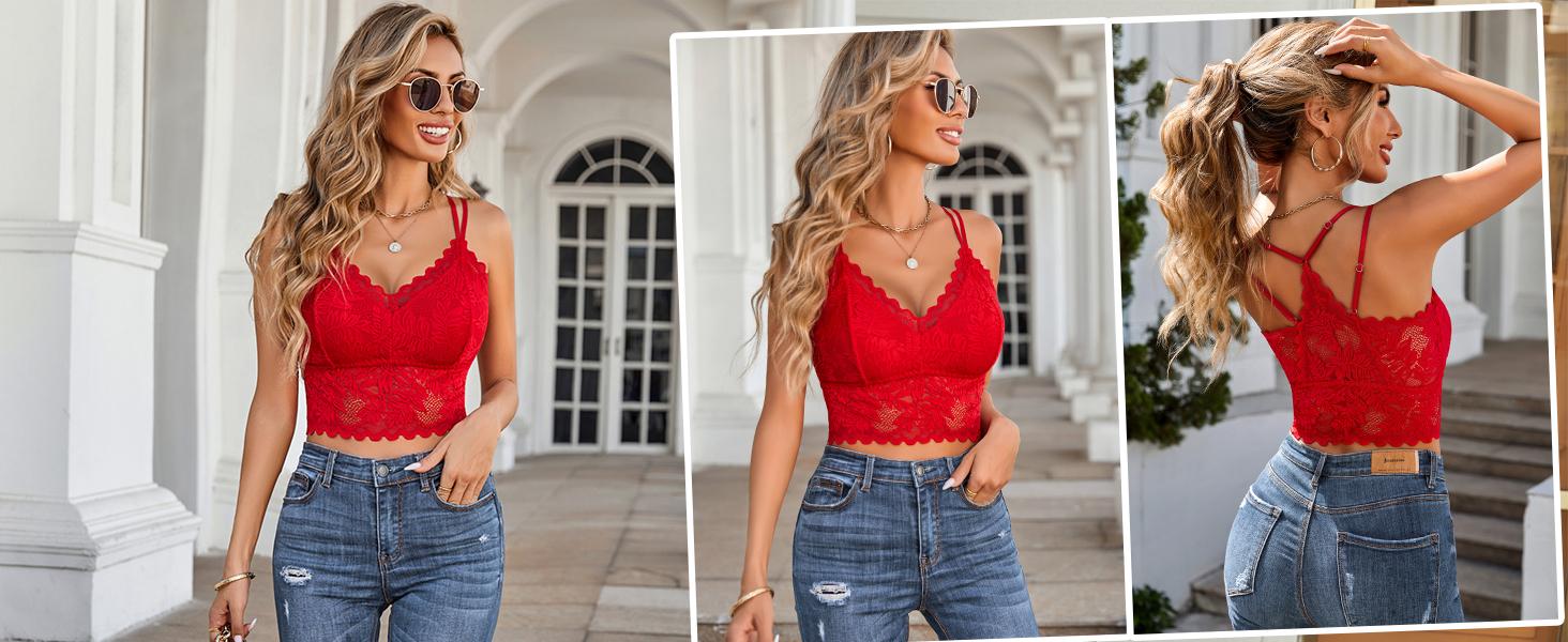 Avidlove Lace Bralette for Women V Neck Camisoles Racerback Adjustable Hot Strap Crop Tops in Blue Nylon Spandex Breathable Minimalist Basic SpringStatements