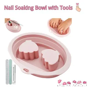 Nail Soaking Bowl with Tools – Silicone Foldable Soak Off Gel Polish & Dip Powder Remover Bowl with Cuticle Pusher, Peeler & Nail File for Manicure Care
