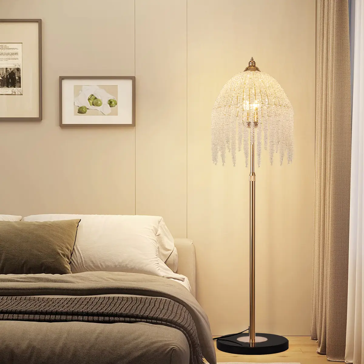 3-Light Elegant Crystal Floor Lamp – Vintage Waterfall Design with Cascading Crystal Beads and Marble Texture Base for Living Room, Bedroom, or Office Décor (Bulb Not Included)