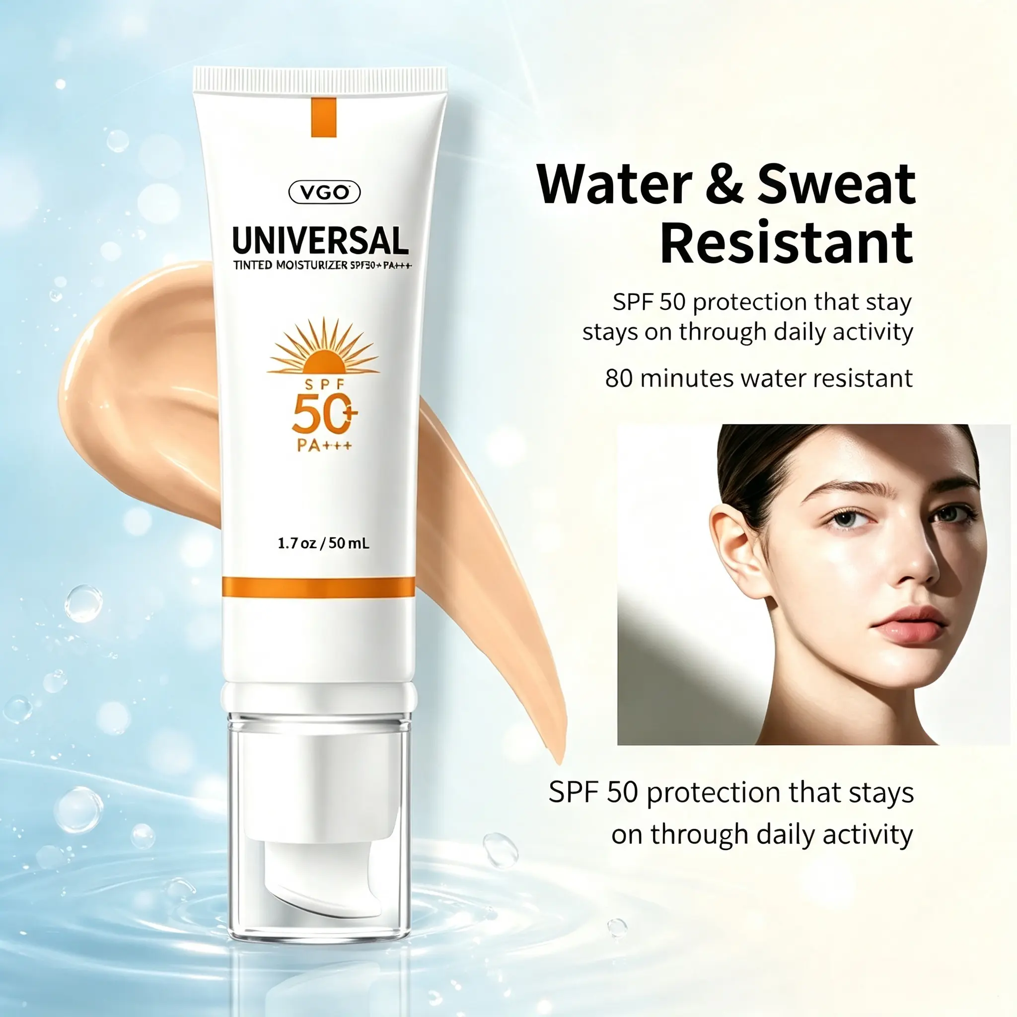 VGO Universal Tinted Moisturizer Broad Spectrum Invisible SPF 50+ Face-Safe Facial Sunscreen Cream - Waterproof, Frankincense, Meadowfoam Seed Oil, Moisturizing, Redness Relief, Sensitive Skin Barrier Support, Skin Repair, Daily Use, Sunscreen Everyday, H