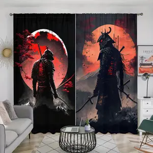Japanese Samurai Oil Painting Pattern Curtain, 2 Counts/set Semi Blackout Pocket Hanging Curtain, Home Decoration Curtain, Window Treatment for Home Living Room Bedroom Kitchen Dining Room Bathroom Office
