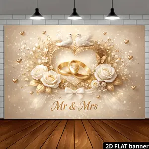 Wedding Golden Heart Backdrop Elegant Ceremony Backdrop Floral Ring Background Cloth Wedding Tapestry Wall Hanging Photography Background Polyester Fiber Home Wedding Party Event Studio Decor Prop Wall Art