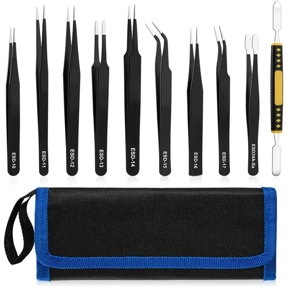 10 PCS ESD Precision Stainless Steel Industrial Tweezers Set - Antistatic, Non-Magnetic, Acid-Resistant, Durable, High Elasticity, Ergonomic Handle, Good Toughness, Strength - For Electronics Welding, Embroidery - With Storage Bag, Satisfaction Guaranteed
