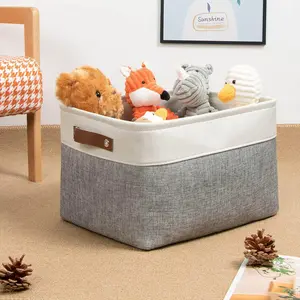 Fabric Storage Basket for Shelves/Closets, Collapsible Rectangle Basket for Organizing Clothes, Toys, Towels, Books, Laundry, Nursery, Dog Toy Basket Empty (White&Gray) Organiser