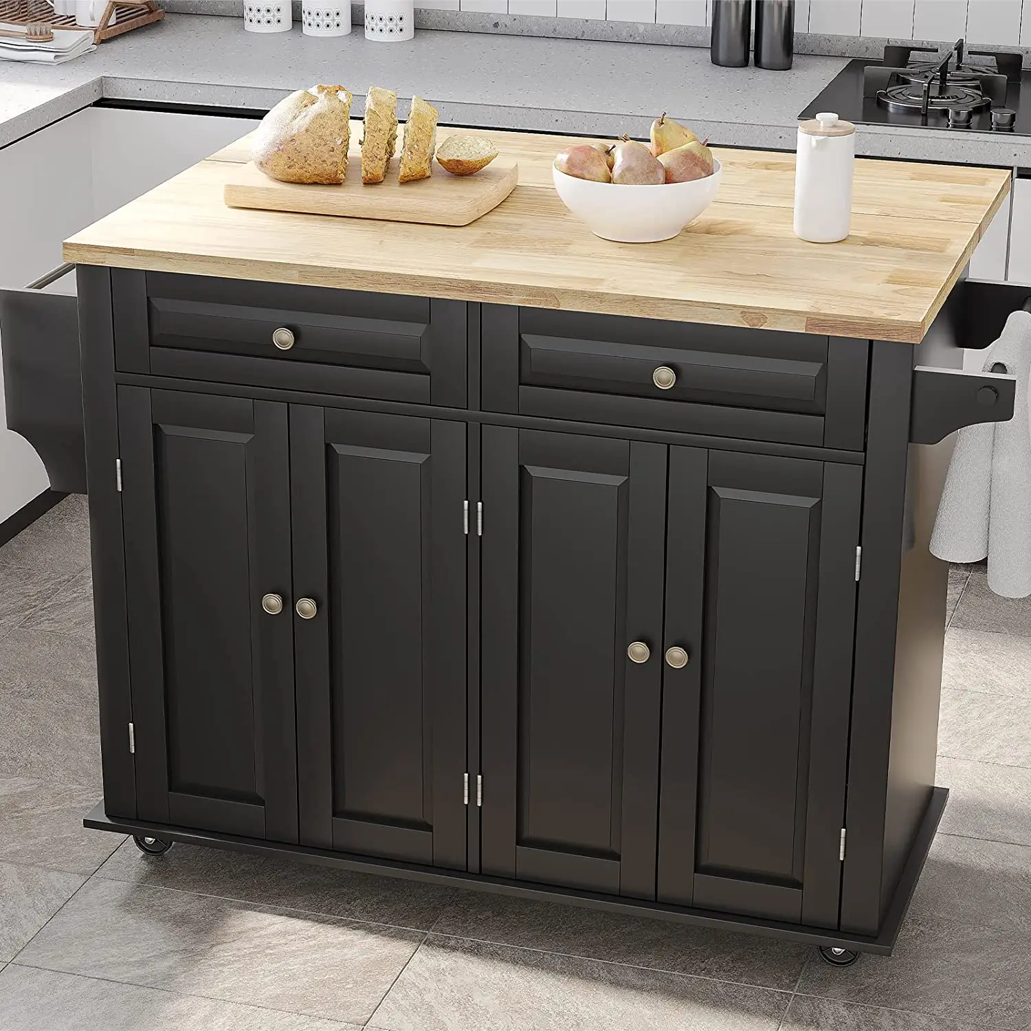 Rolling Kitchen Island with Drop Leaf, Movable Kitchen Carts on Wheels Island with Storage Cabinet, Island Table for Kitchen with Rubber Wood Top and