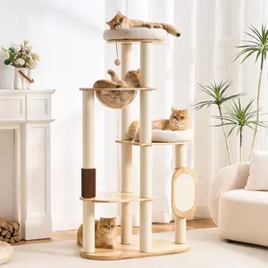 Modern Wood Cat Tree Tower, 60" Cat Tree with Sisal Scratching Posts, Capsule and Scratch Pad for Indoor Cats, Solid Rubber Wooden Cat Tree,Large Platform Multi-Level Tree for Large Adult Cat