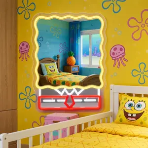 Cute Sponge Cartoon Yellow Square Character Neon Mirror Light, Funny Face LED Vanity Mirror, Kids Night Light, Ocean Cartoon Style Room Decor for Kids Girls Bedroom Playroom Gift, Aesthetic Mirror Lamp