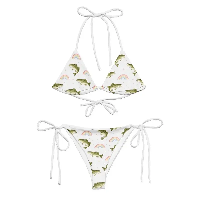 Women Bass Fish Rainbow Print Bikini Set String Tie Side Swimsuit Funny Fishing Lover Beach Vacation Summer Festival Cute Novelty Swimwear Cottagecore Lake Day Bathing Suit Gift