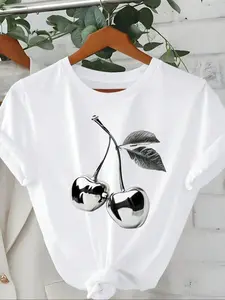 Women's Cherry Print Metal Ball Graphic Tee, Casual Short Sleeve Round Neck T-shirt for Summer, Ladies Clothes for Daily Wear, Top, Womenswear