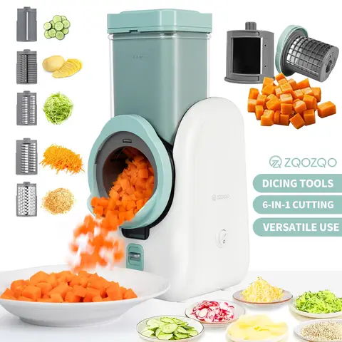 ZQOZQO Stainless Steel Electric Vegetable Cutting Slicer Kitchen Gadget Utensils - 6-Blade Dicer, 8-Rotary Cheese Grater, Double Safety Lock, Washable Parts, Multi-Blade Set for Moms, Quick Meal Prep