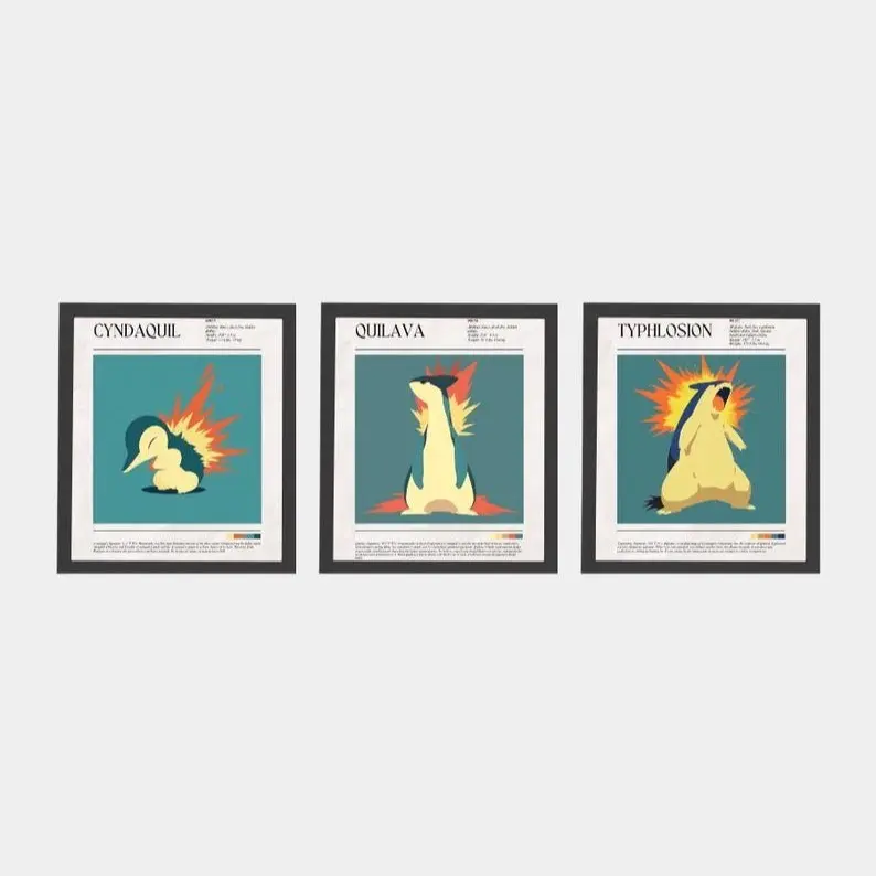 Cyndaquil Quilava Typhlosion Poster, Japanese Inspired Room Art, Legendary Wall Decor, Anime Print