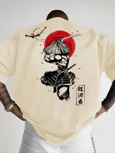 Men's Samurai Sword Print Short Sleeve Tee, Loose Casual Japanese Style Streetwear T-shirt for Summer, Men's Top for Daily Wear, Crewneck, Menswear