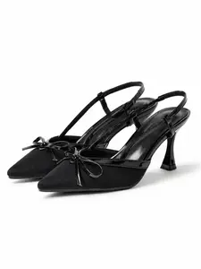 Office Siren Pointed Toe Slingback Heels | Elegant Black Bow Kitten Heel Pumps | French Vintage