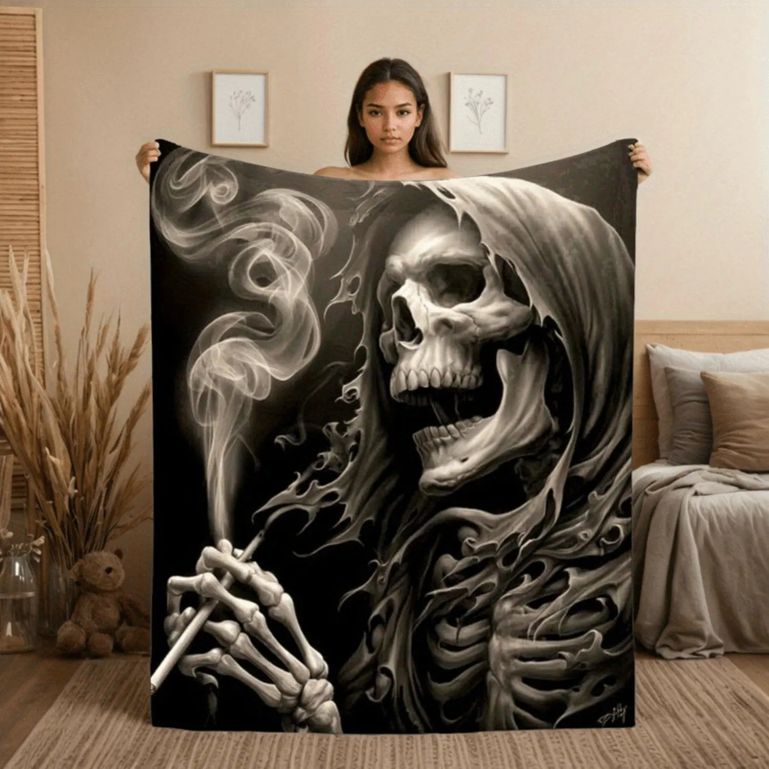 1pc Gothic Grim Reaper Skull Smoking Bones Blanket Soft Cozy All Season Black White Bone Print Bedspread for Couch Bed Camping Gothic Vampire Witch Theme Gift for Adults Halloween