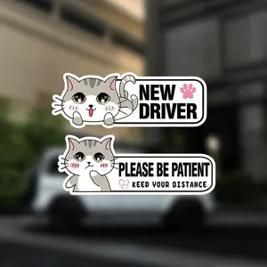 2PCS Cute Cartoon Cat New Driver Car Stickers Vinyl Self Adhesive Please Be Patient Reminder Decals with Paw Prints for Vehicle Windows and Bumpers Cat Lover No Warranty