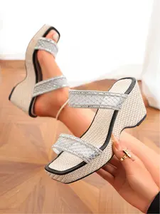 Women's Rhinestone Mesh Wedge Sandals, Summer 2026 New Large Size Open-Toe Outdoor Thick Sole Slip-Ons, Fashionable Comfortable Footwear