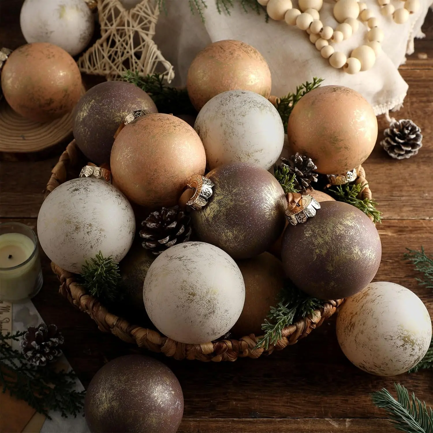 12-Count Brown Shatterproof Plastic Christmas Ball Ornaments Set - 3.15in Lightweight Neutral Textured Rustic Distressed Ornaments with Loop, Durable Strings and Caps, Handmade Garland-Fit Farmhouse Xmas Tree Decor & Holiday Gifts (4 Colors Available), Br