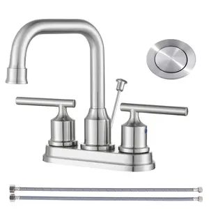 WOWOW Centerset Bathroom Faucet Brushed Nickel: 4 Inch Bathroom Sink Faucets with Lift Rod Drain Assembly Vanity Faucet 2 Handle High Arc Taps Modern