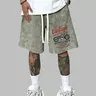 Men’s summer cotton athletic shorts with motorcycle graphic print, washed distressed finish; casual loose fit with a drawstring waist and pockets; retro street style, 2000s vibe. Suitable for running, golf, fishing, basketball, camping, gym, swimming, and