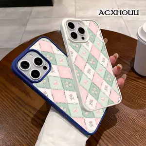 Pastel Tea Checker Pattern Magnetic Phone Case for iPhone 17 16 15 14 Pro Max 13 12 11 XR XS Plus Anti-Yellowing Shockproof Lightweight Transparent Acrylic Soft Cover Supports Wireless Charging