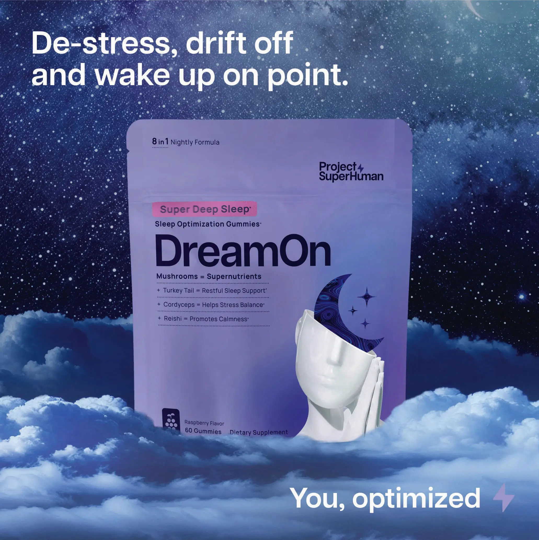Project SuperHuman DreamOn Sleep Optimization Gummies 8-in-1 Formula for Restorative Sleep & Stress Relief Natural Mushroom Wellness Gummies Raspberry Flavor 60 Gummies