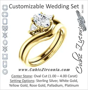 CZ Wedding Set, featuring The Sophie engagement ring (Customizable 3-stone Twisting Bypass Style with Oval Cut Center and Triangle Accents)