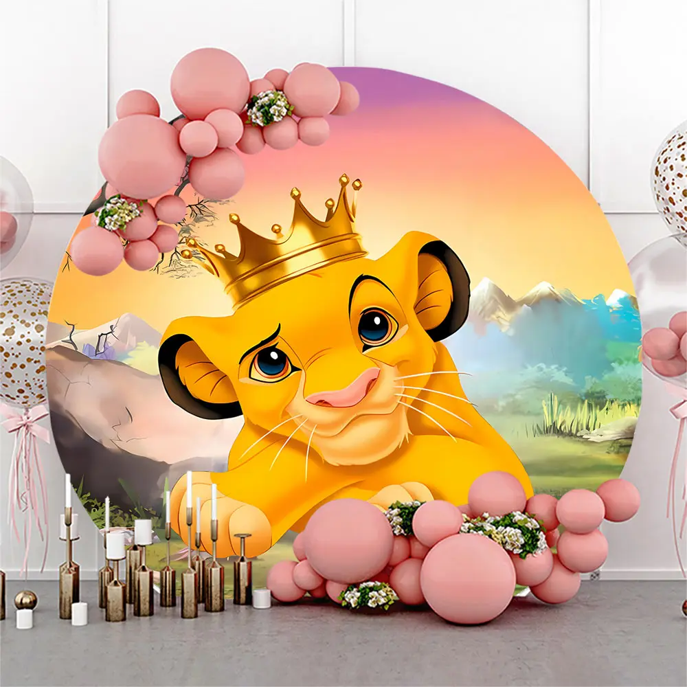 Hobaner Durable 6.5ft Dia. (2m) Round Shape Premium Polyester Seamless Print Cartoon Lion Prince Wall Backdrop - Tropical Jungle Safari Banner for Birthday, Baby Shower Party Decor, Party Decor Supplies