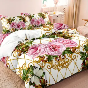 3pc light-weight rose butterfly print quilt cover set (1 quilt cover + 2 pillowcases, without core), Perfect gift, available in multiple sizes, suitable for home decoration