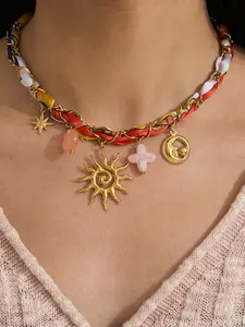 Ladies Necklace Star Spiral Sun Pendant Cotton Headscarf Chain Stainless Steel 18k Gold Plated Waterproof Anti Allergy Casual Vacation Style Attractive Jewelry Star Shine Necklace