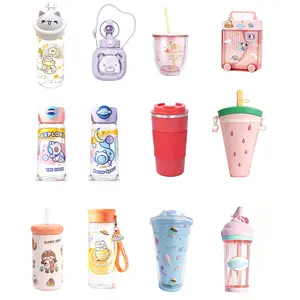 12Pcs Multi-Style Cute Portable Water Bottles BPA-Free Reusable Drinkware with Straw Cat & Bear Themed Space & Cartoon Design Cups 320ml-1000ML Sizes Ideal for Travel Camping Party Raffle Prizes