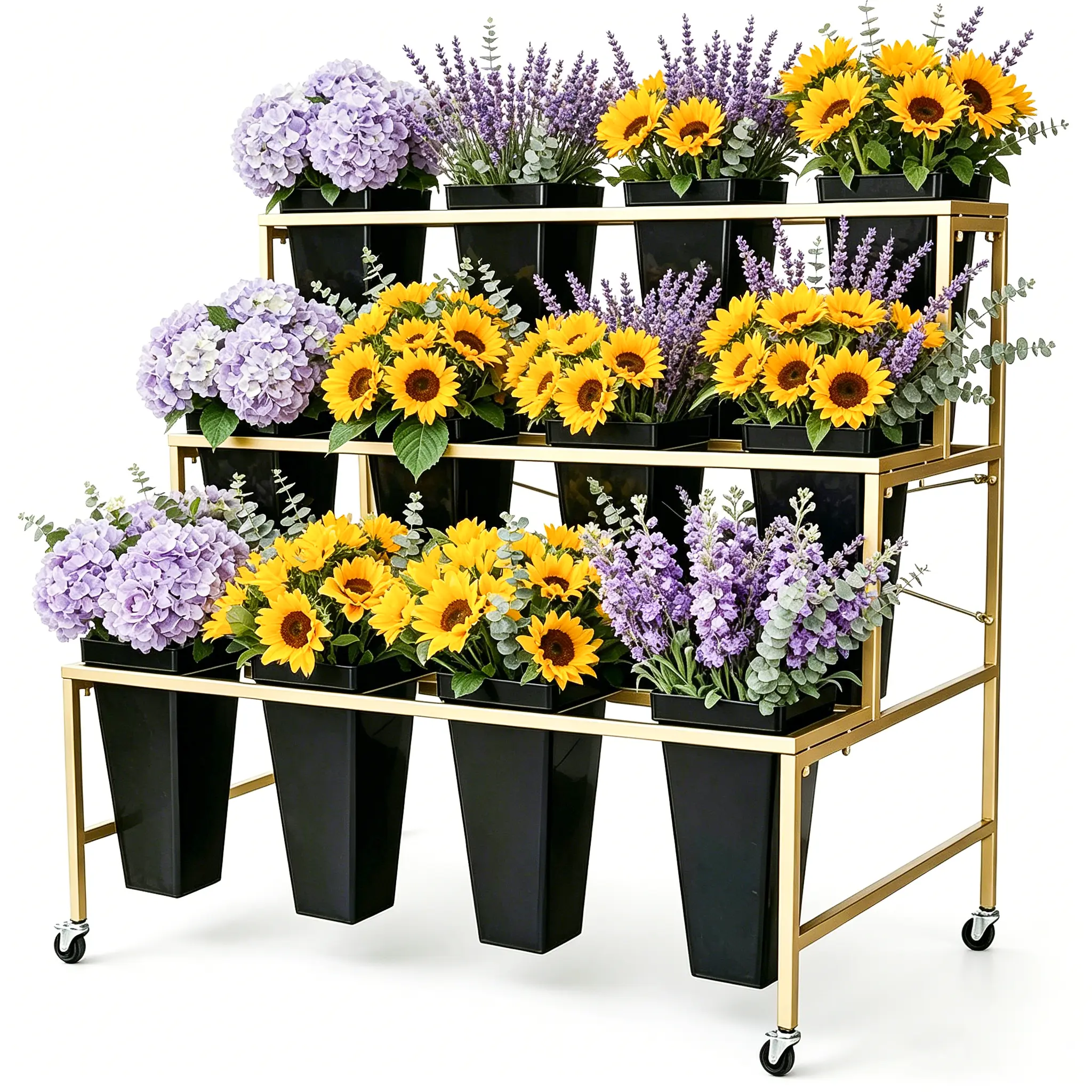 Flower Display Stand 3 Layers with 12 PCS Square  Flower Bucket, Metal Plant Stand with 4 Wheels, Heavy Duty  Moving Flower Cart Shelf, Patio Garden, Balcony, Florists,  Cafés(Black Gold) (Black and Gold) tools gadgets decor  home Elevated  Garden Planter