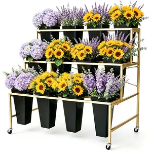 Flower Display Stand 3 Layers with 12 PCS Square  Flower Bucket, Metal Plant Stand with 4 Wheels, Heavy Duty  Moving Flower Cart Shelf, Patio Garden, Balcony, Florists,  Cafés(Black Gold) (Black and Gold) tools gadgets decor  home Elevated  Garden Planter