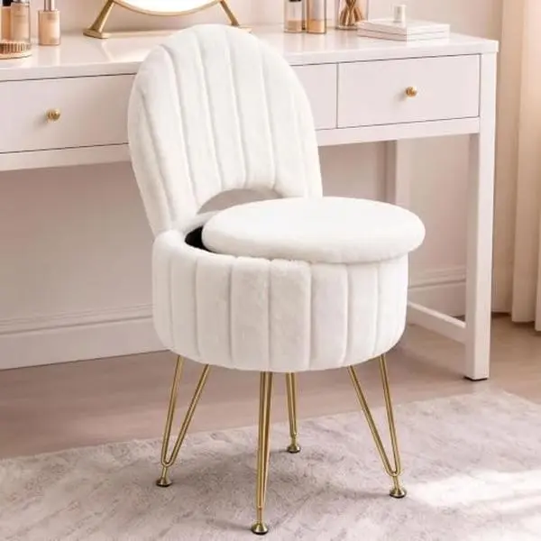 Vanity Stool Chair with Storage, Folding Back,Faux Fur,White,Large Soft Ottoman,Modern Chairs for Makeup,Vanity Bench,Metal Legs,Adjustable Feet,for Living Room,Bedroom,Makeup Room