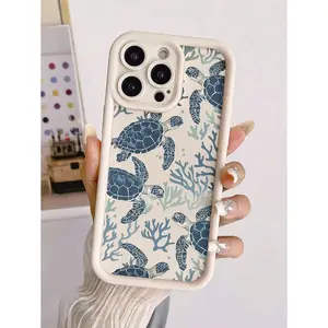 1pc White Hand-Painted Blue Sea Turtle Graphic TPU Anti-Drop Phone Case Compatible With IPhone Apple 16, 15, 14, 13, 12, 11 Pro Max