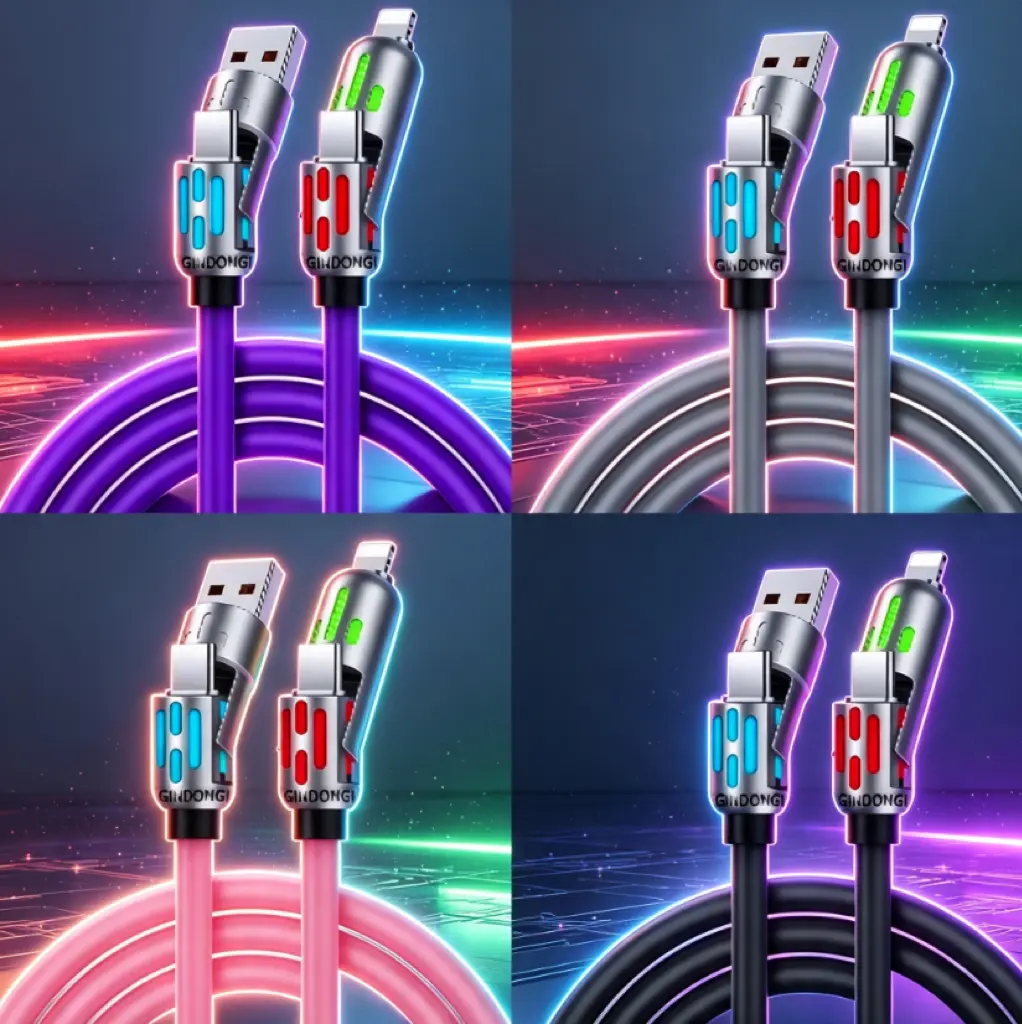 240W 4-in-1 Zinc Alloy Fast Charging Cable, LED RGB Breathing Light, 4FT Soft Silicone Cord, Durable Tangle-Free Charger Wire Compatible with iPhone 16/17, iPad Pro, Samsung Android Phones & Laptops