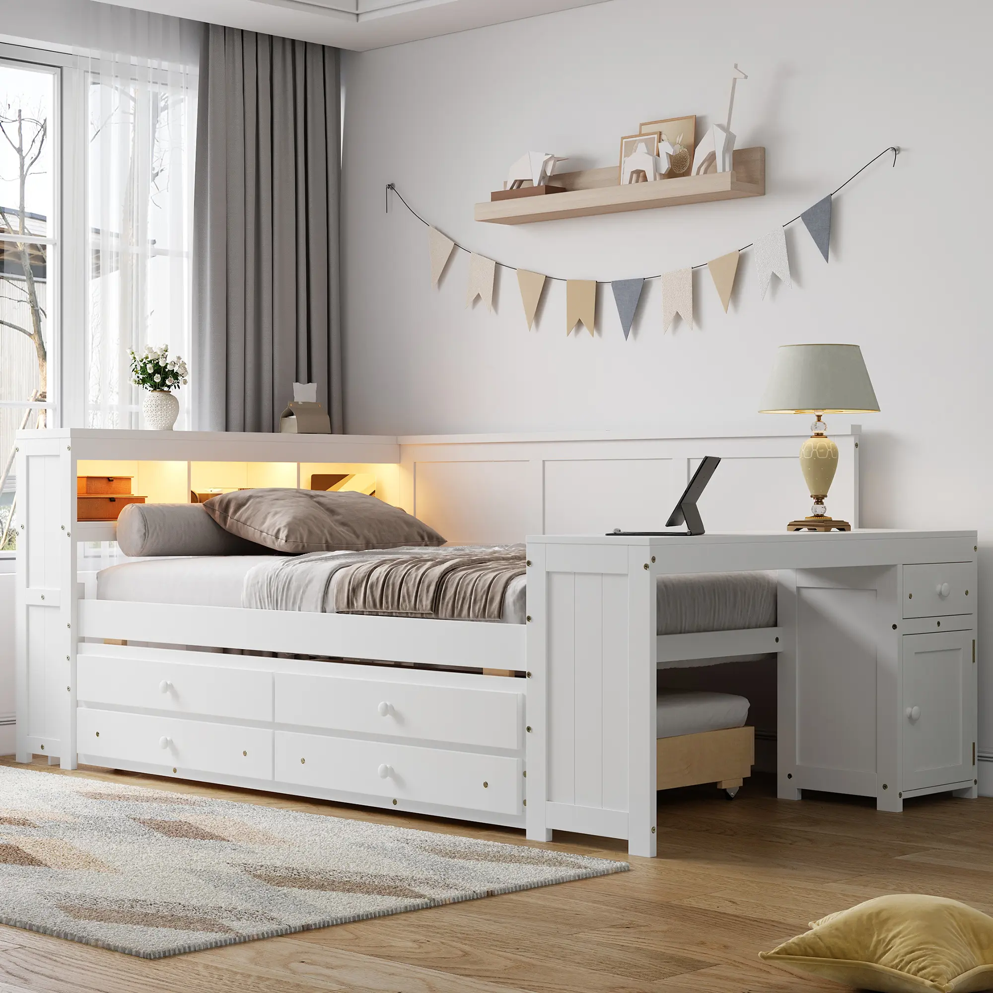 Bellemave Full Size Classic Platform Daybed - Solid Pine Bed Frame with Storage Shelves, Drawers, Trundle, Charging Port, LED Light, Desk, Cabinet, White