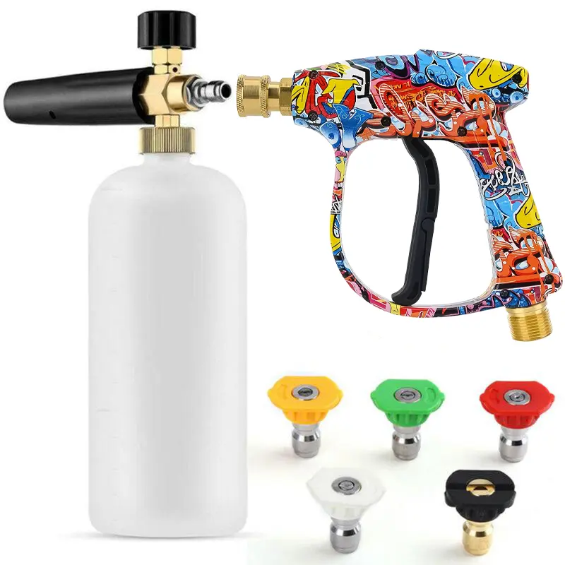 Cool Colorful Short Car Wash Water Gun High Pressure Washer Black Round Foam Pot 1/4 Quick Connect Accessory Outdoor Car Wash Tool with 5 Color Nozzles 1L Capacity, Car Wash Jet, Car Accessories