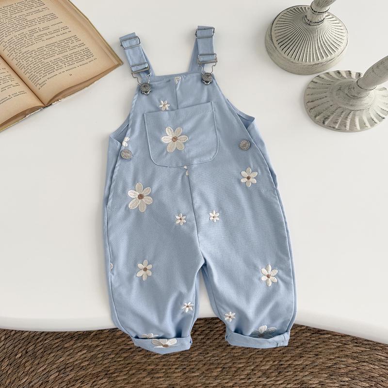 Toddler Kids Baby Boy Girl Overalls Flower Embroidery Blue Casual Loose Straps Trousers Romper Jumpsuit Spring Autumn Bodysuit