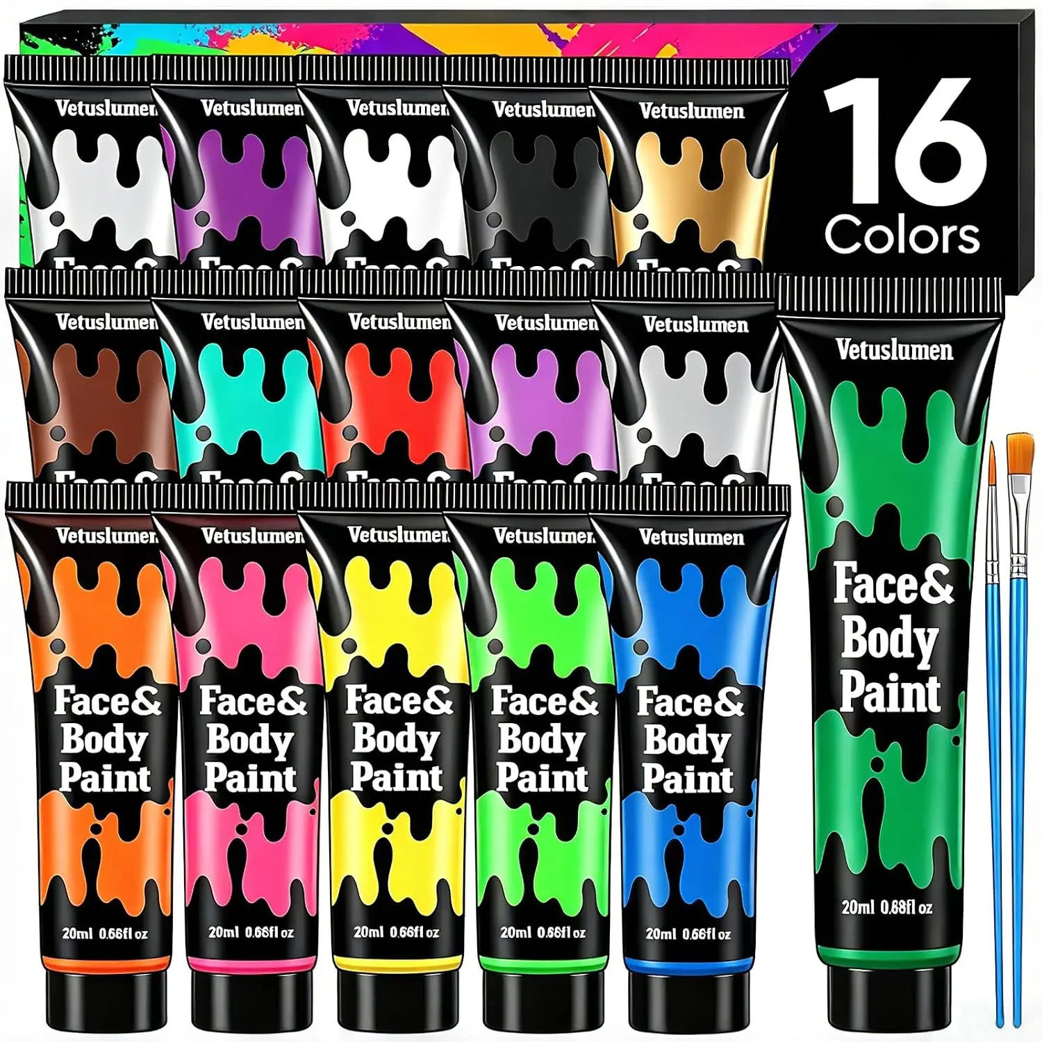 16-Color Face & Body Paint Set, 10.8 Oz Painting Kit with 2 Brushes, Creative Makeup Supplies for Adults & Kids, Stage, Cosplay, Halloween, Festivals & Parties