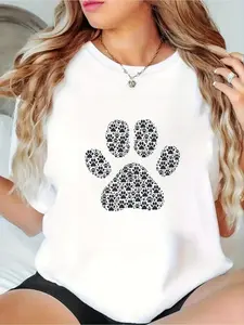 Wo Cute Dog Paw Print T-Shirt - White Round Neck S