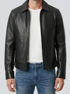 Men’s Black Genuine Leather Jacket Slim Fit Zip-Up Classic Minimalist Style