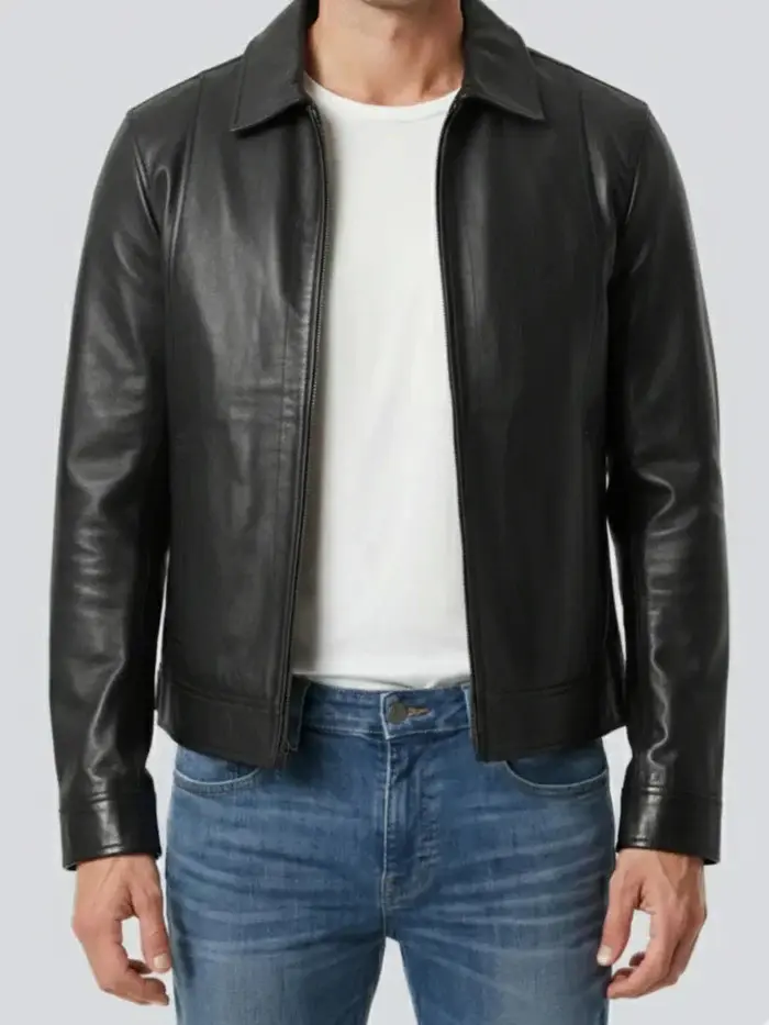 Men’s Black Genuine Leather Jacket Slim Fit Zip-Up Classic Minimalist Style